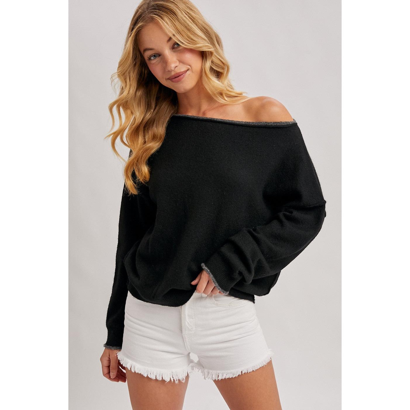 Off Shoulder Soft Knit Pullover || Black