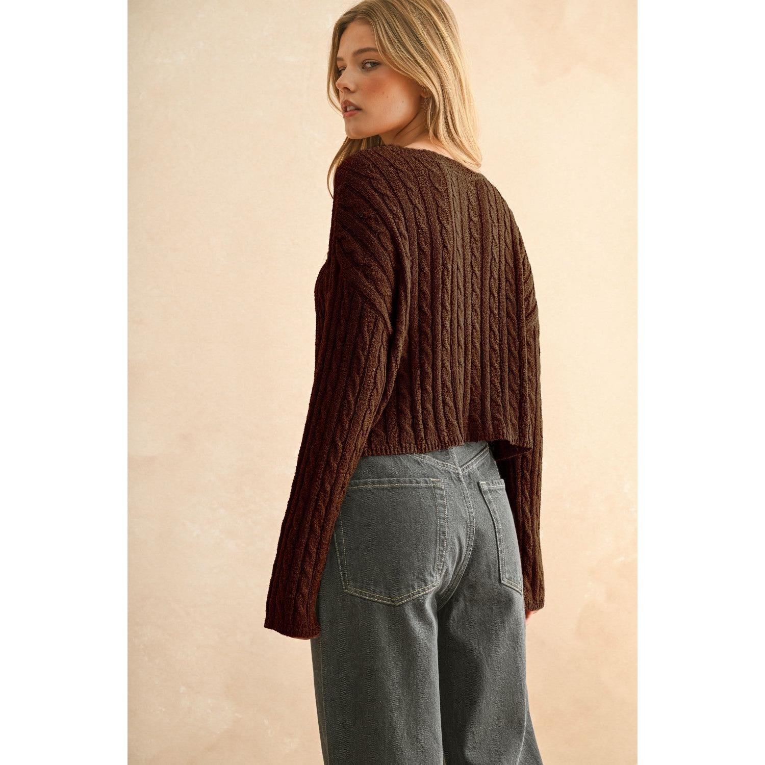 Light Weight Cable Knit Cardigan || Brown