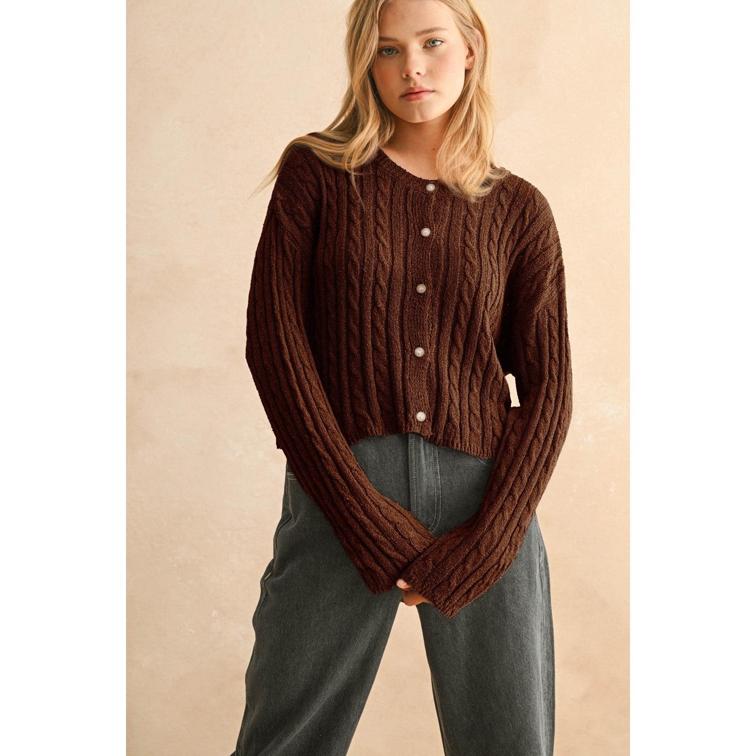 brown cable knit sweater with buttons