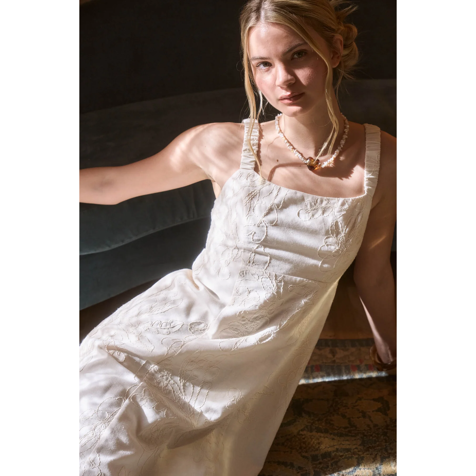 Floral Embroidery Ruched Strap Midi Dress || Natural