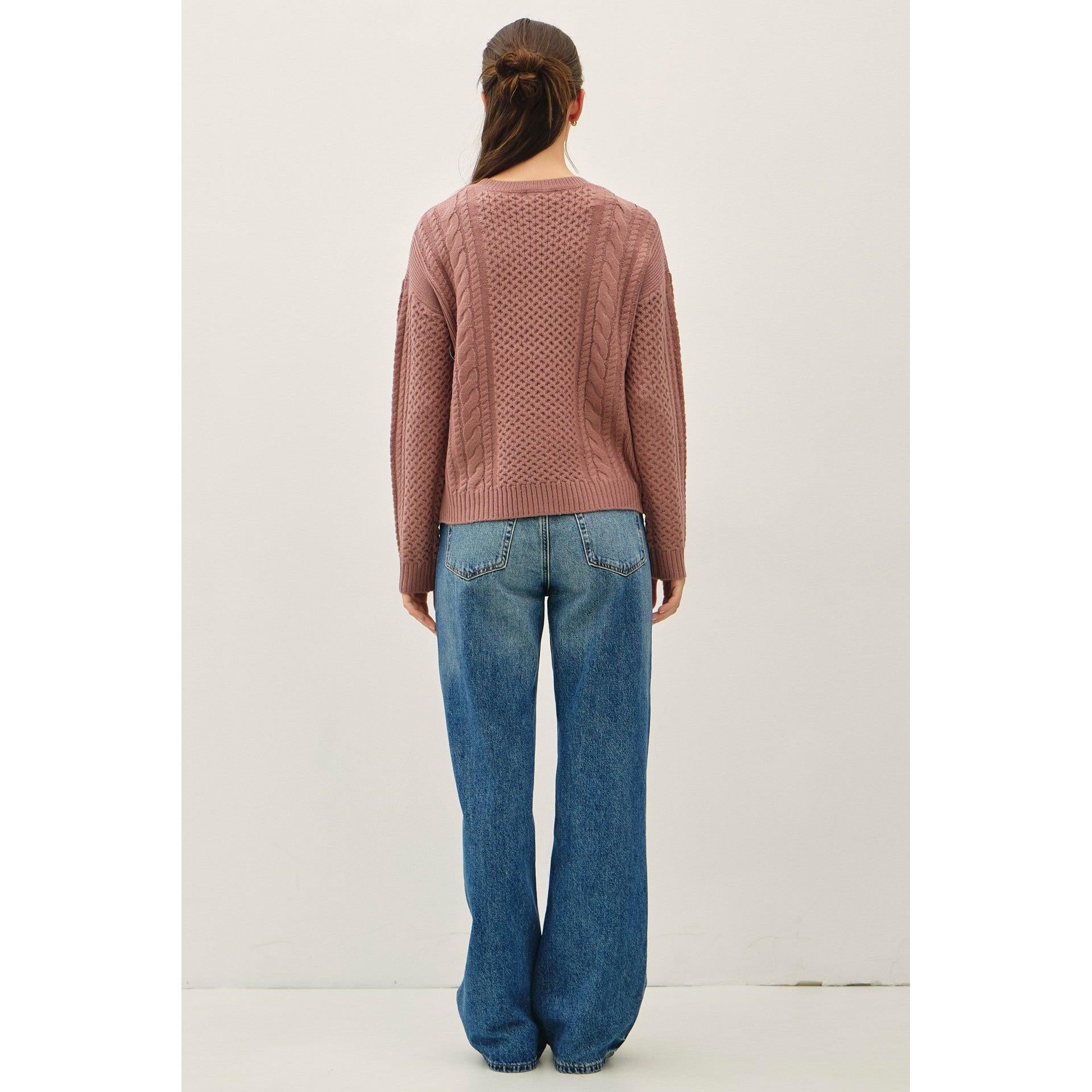 Cable Knit Crewneck Sweater || Red Bean