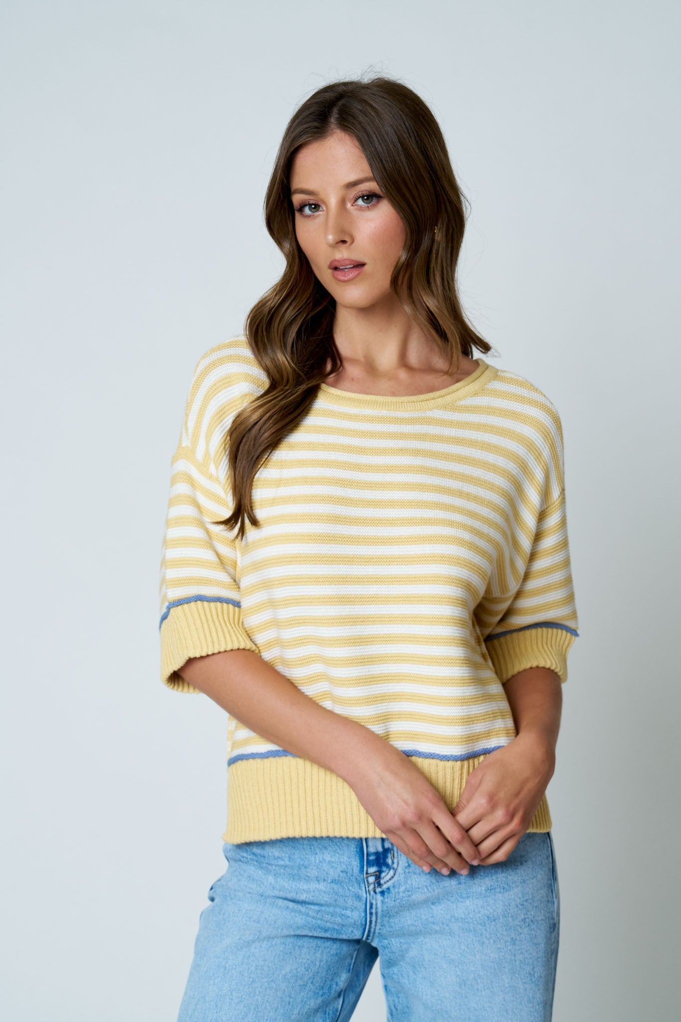 Raw Edge Stripe & Contrast Trim Sweater || Butter Yellow
