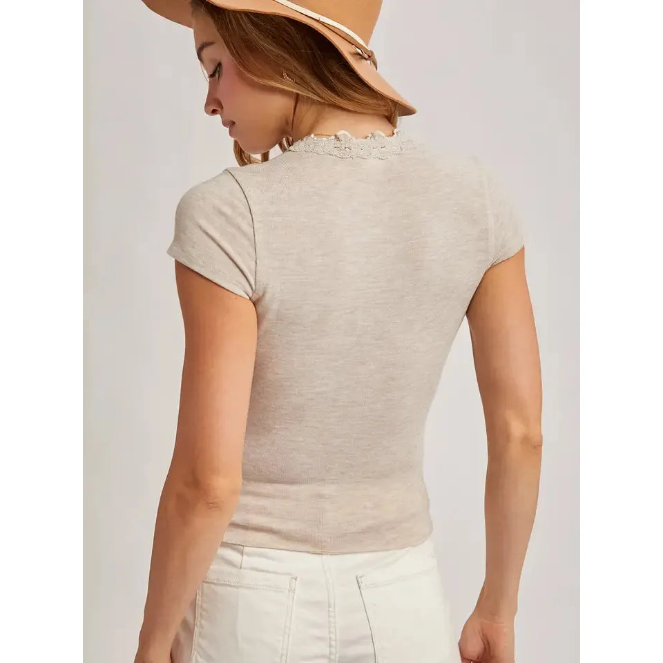 Lace Trimmed Knit Top || Oatmeal