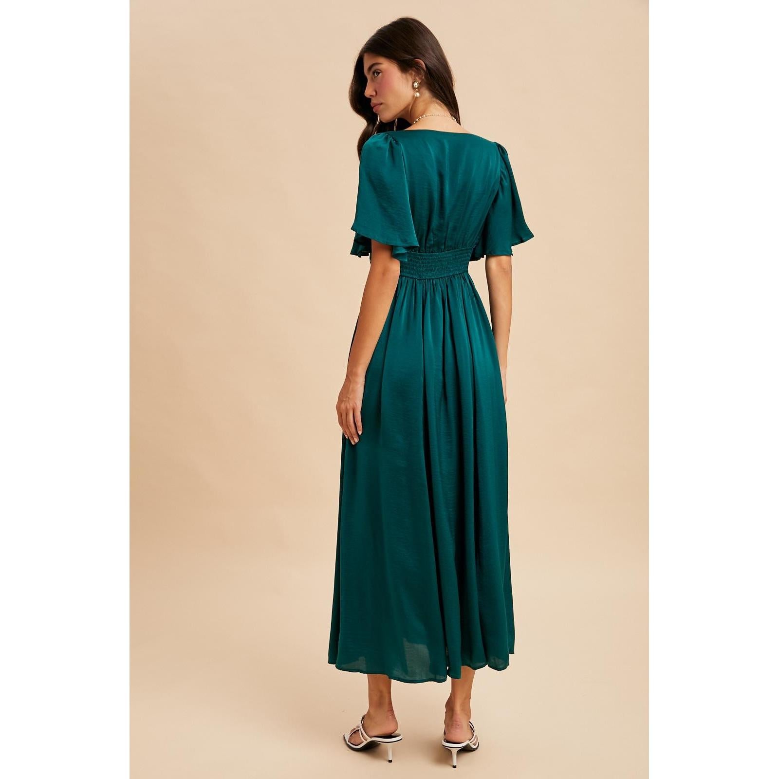 Washed Satin Lace Maxi Dress || Emerald