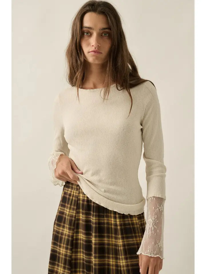 Lace cuff ribbed long sleeve top