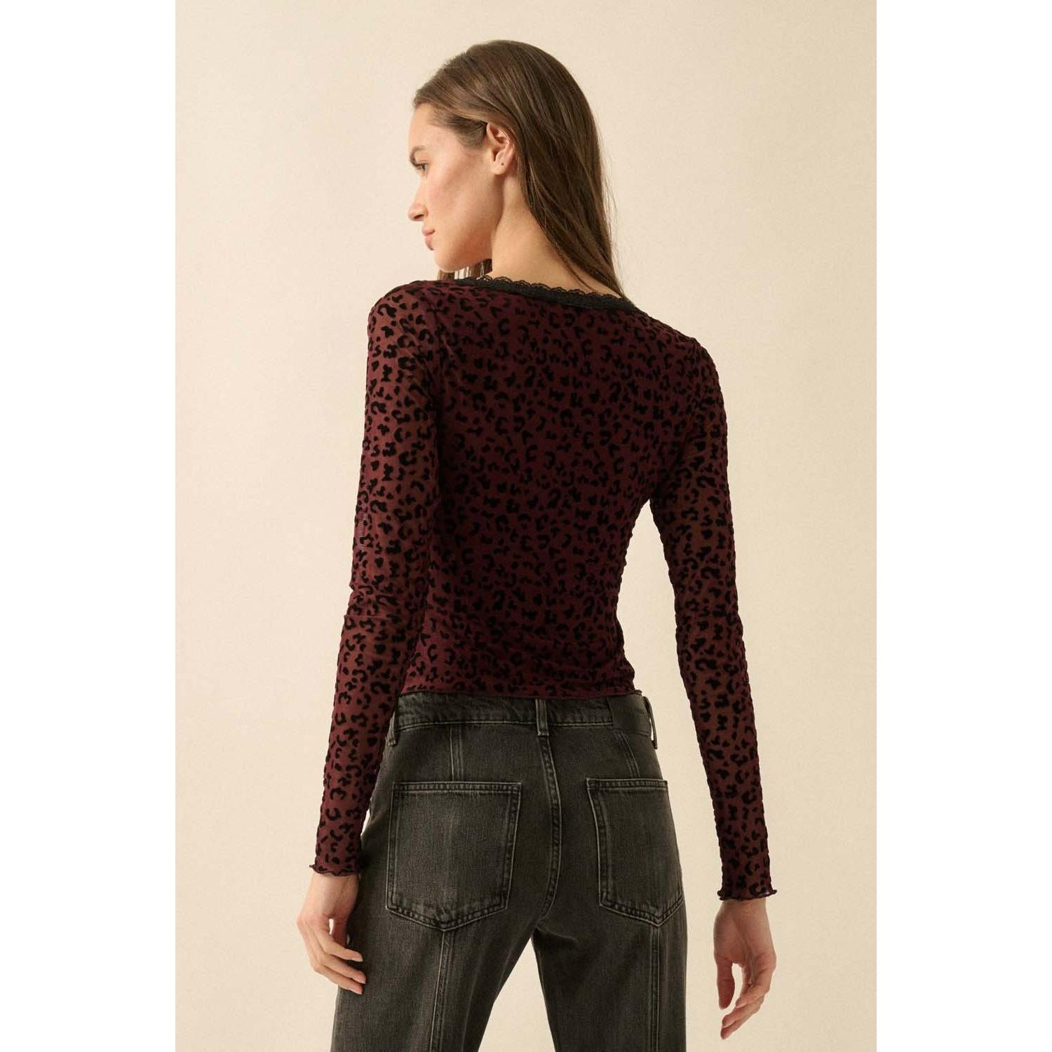 Leopard Mesh Lace-trim Top || Burgundy