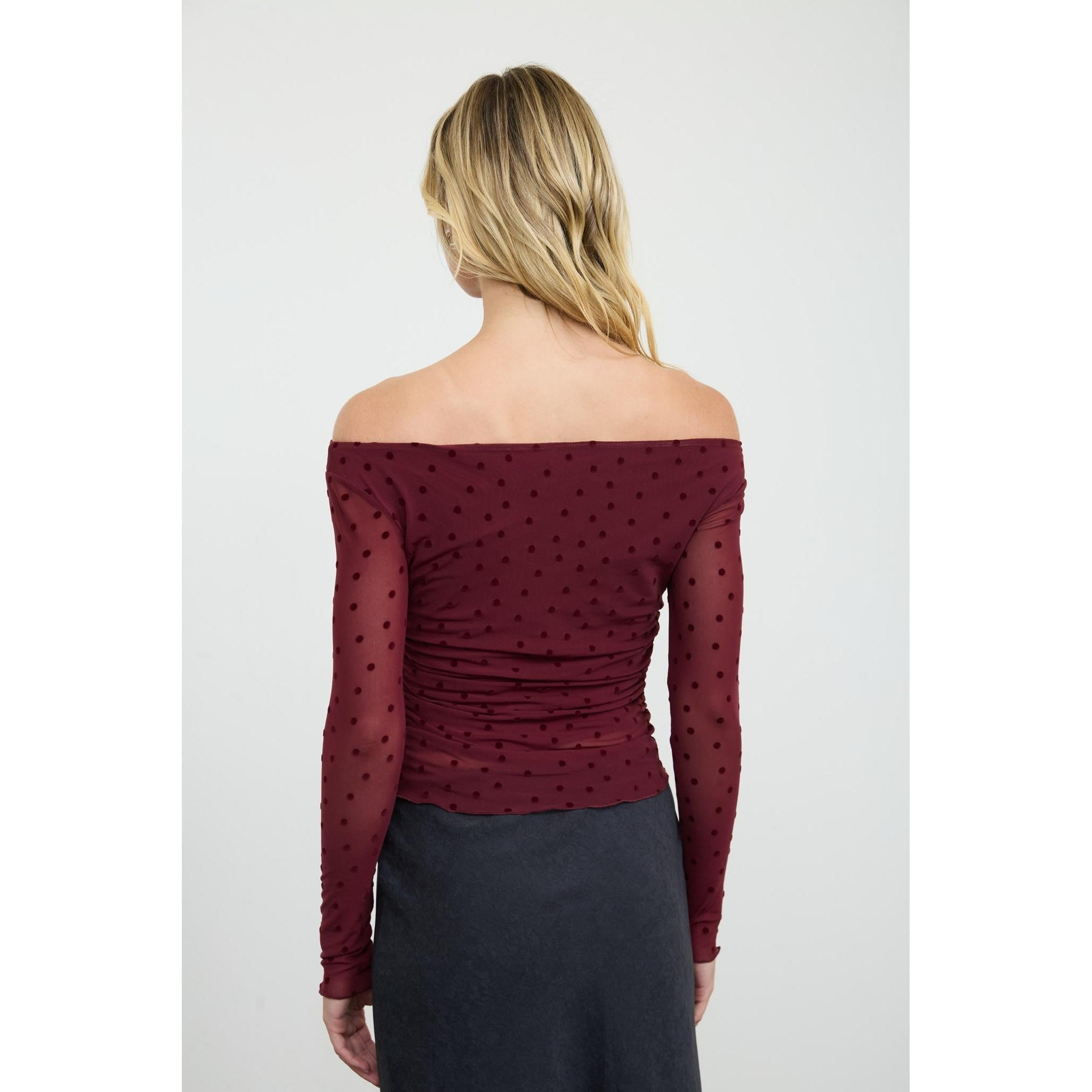 Polka Dot Mesh Off-shoulder Top
