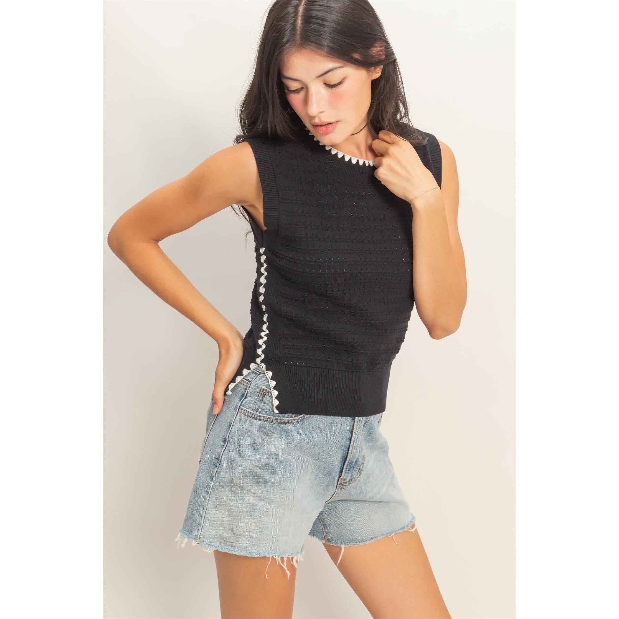 black contrast trim knit top