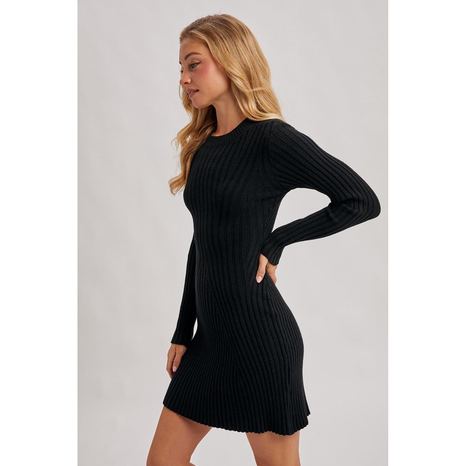 Ribbed Knit Long Sleeve Sweater Dress || Black