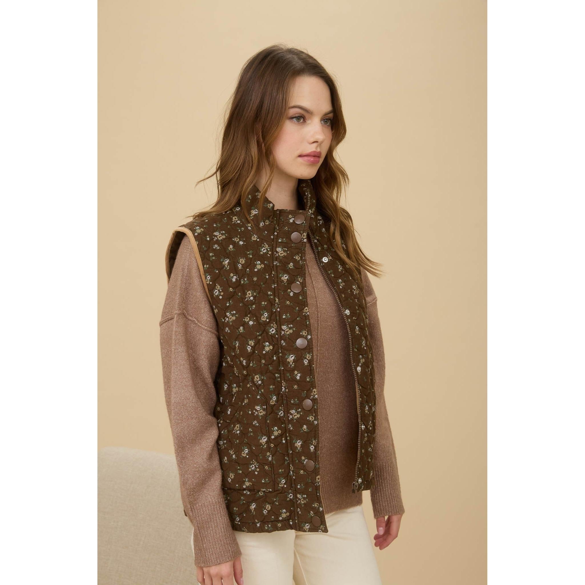Floral Quilted Zip-up Puffer Vest