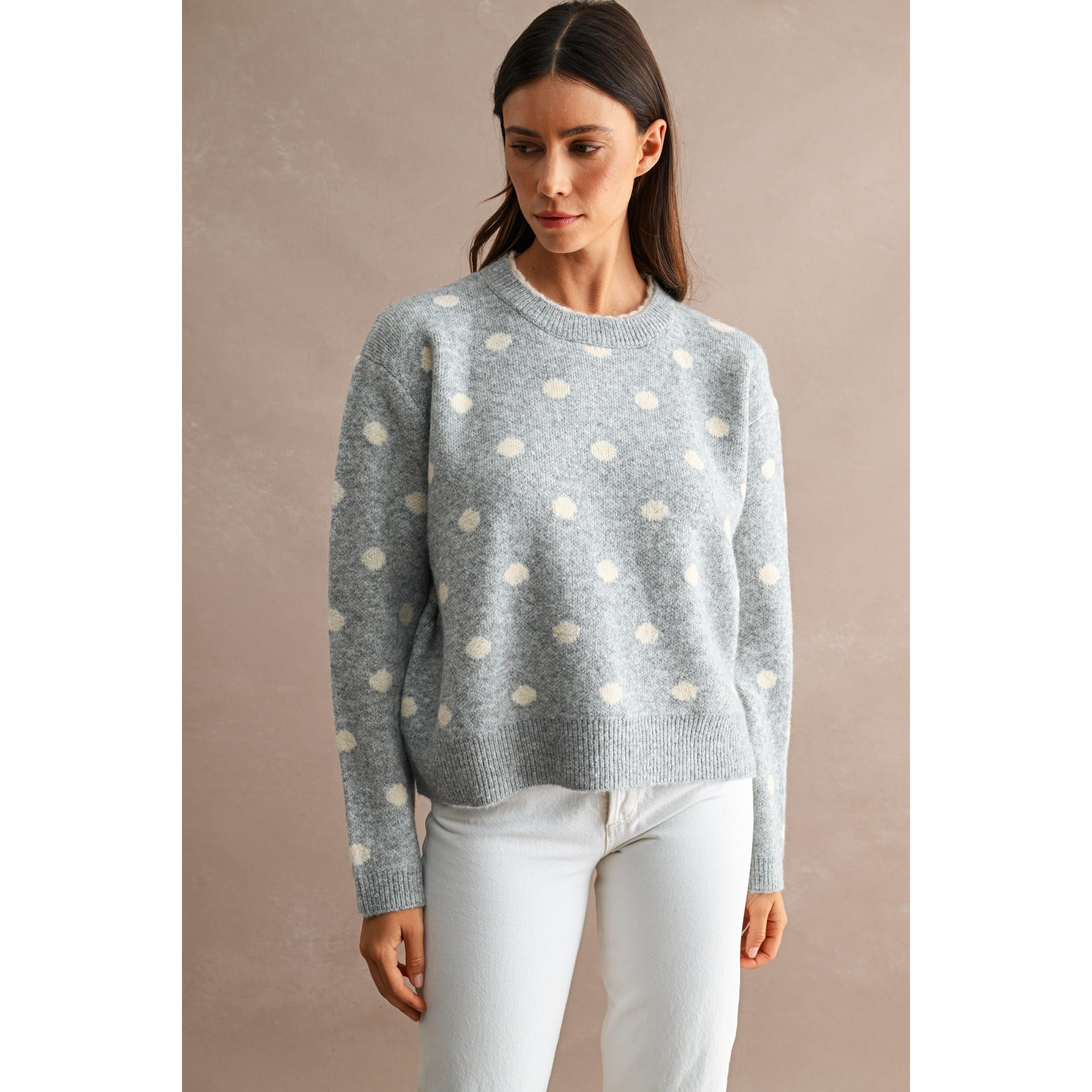 Contrast Trim Polka Dot Sweater || Heather Grey
