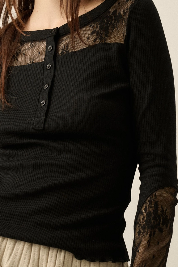 Lace Long-Sleeve Split-Cuff Henley Top || Black