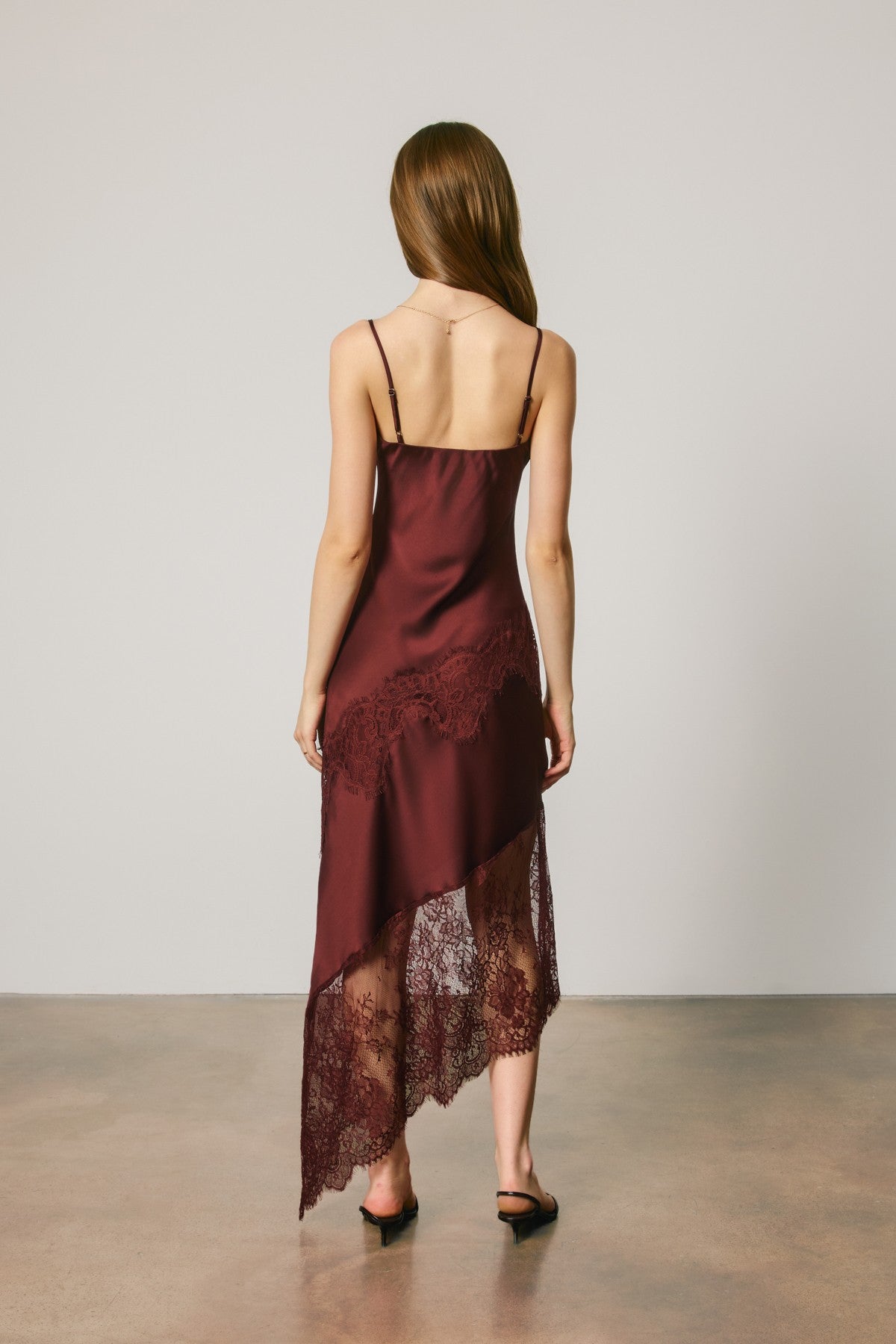 Asymmetrical Lace Trim Midi Slip Dress