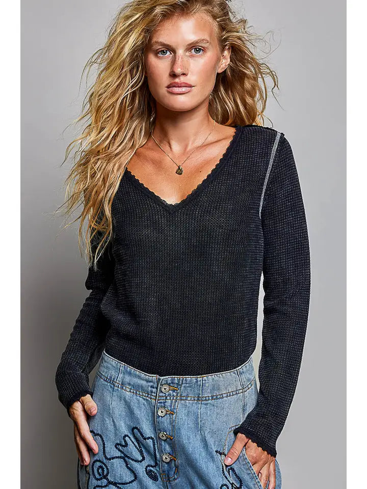 V-neck long sleeve black thermal top with lace trim