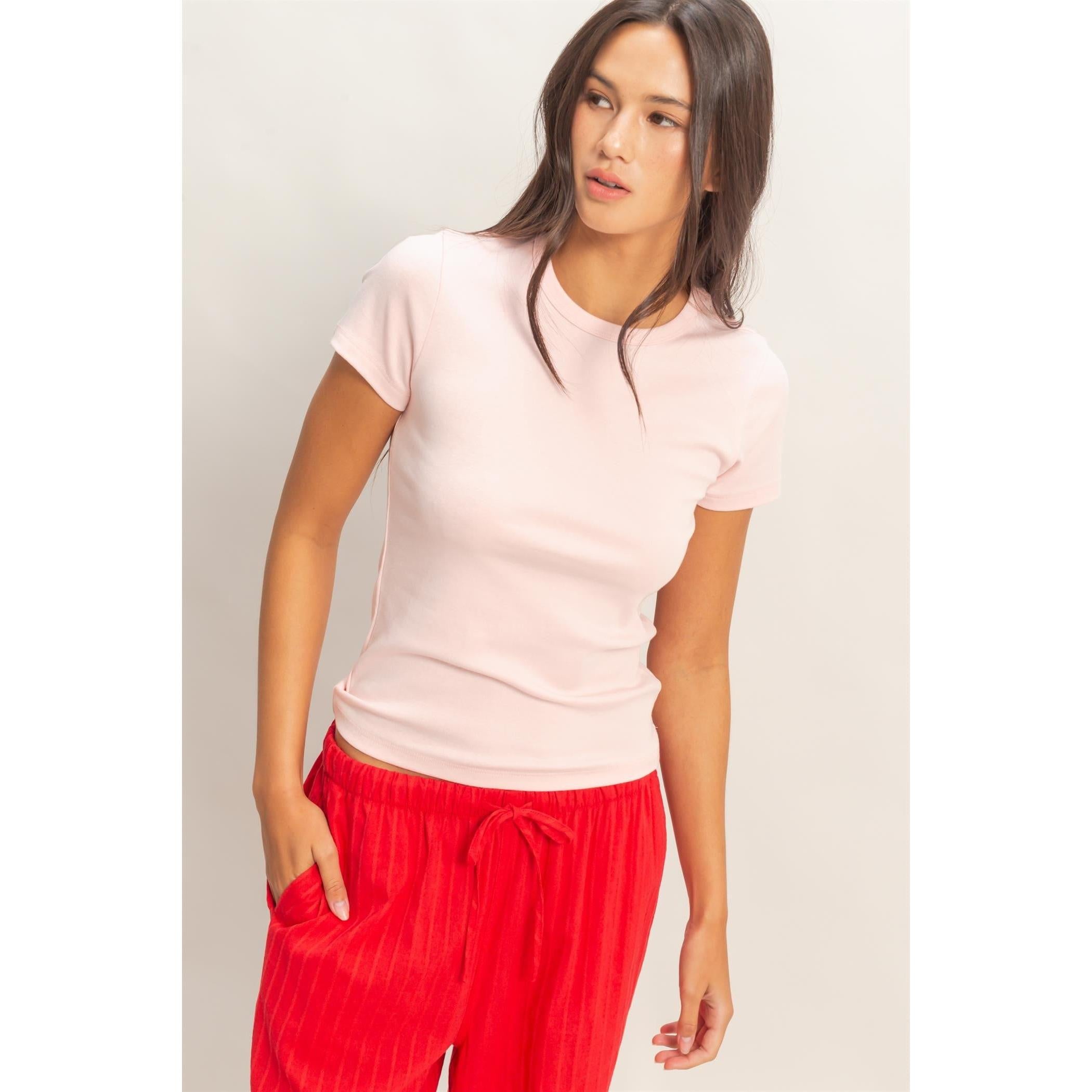 soft pink baby tee, soft crewneck, pink crewneck t-shirt