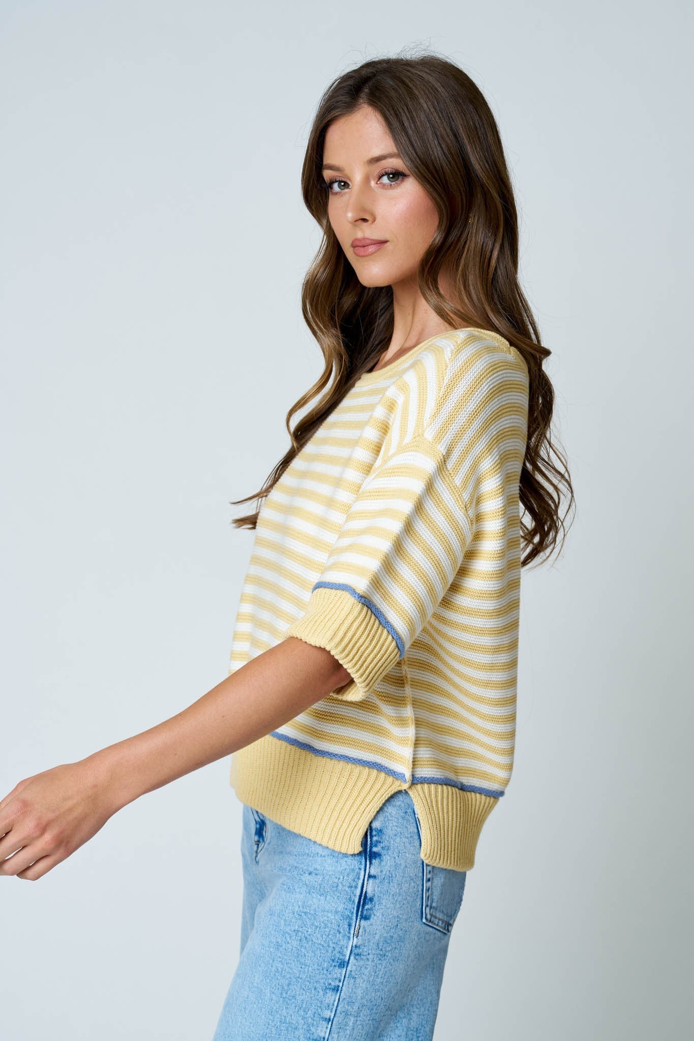 Raw Edge Stripe & Contrast Trim Sweater || Butter Yellow
