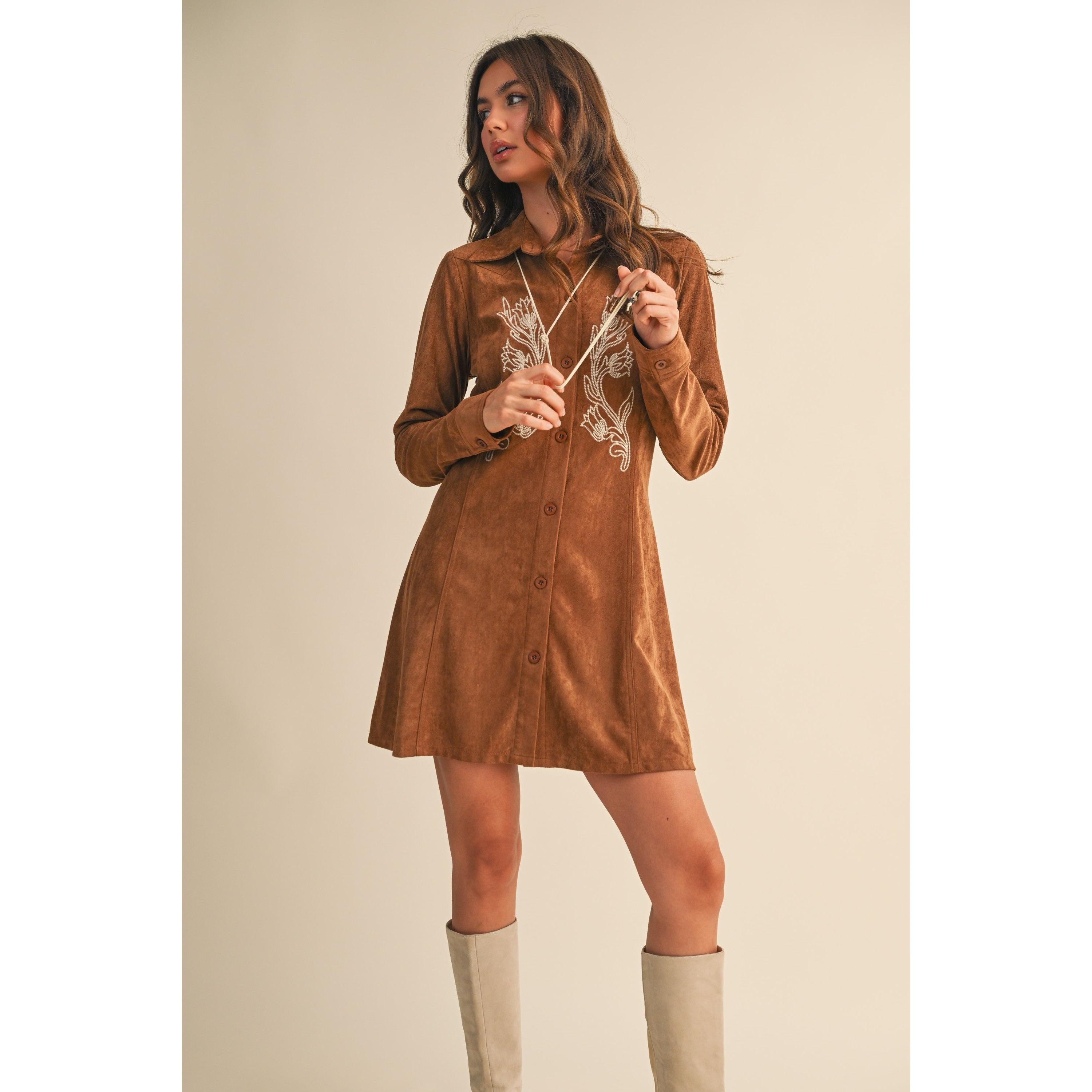 Embroidered Suede Button Down Mini Dress || Mocha