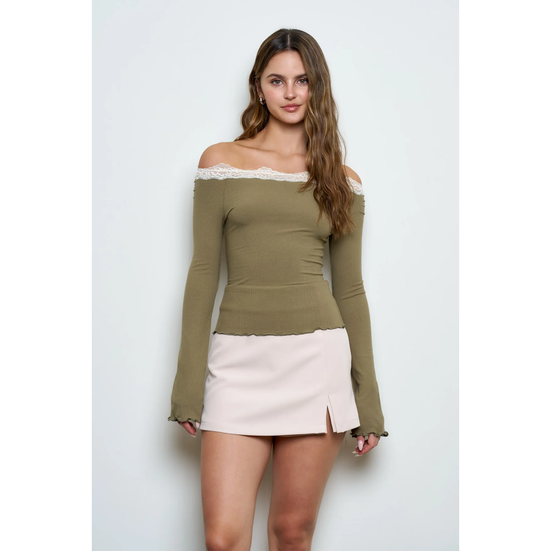 Lace Trim Off Shoulder Ribbed Top
