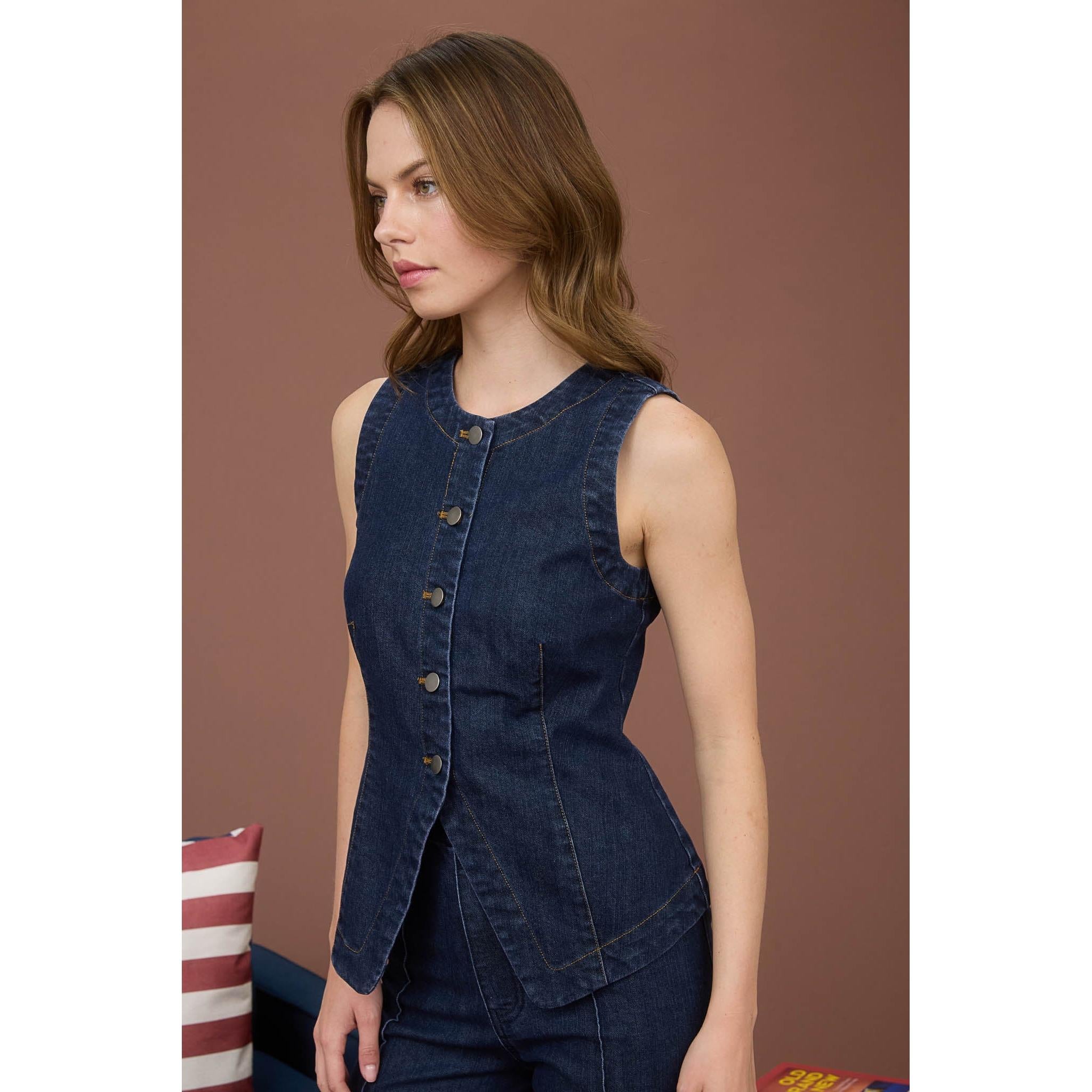 Button Down Stretch Denim Vest || Denim