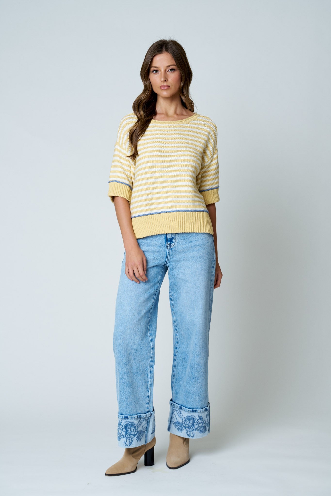 Raw Edge Stripe & Contrast Trim Sweater || Butter Yellow
