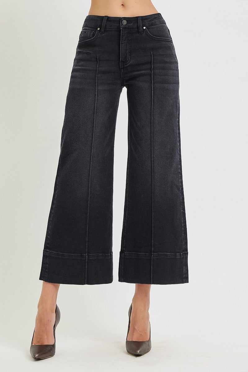 Risen Tummy Control Mid Rise Crop Wide Pintuck Jeans || Washed Black