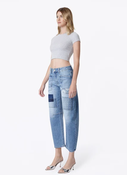 Vervet High Rise Patchwork Crop Barrel Jeans || Awesomely