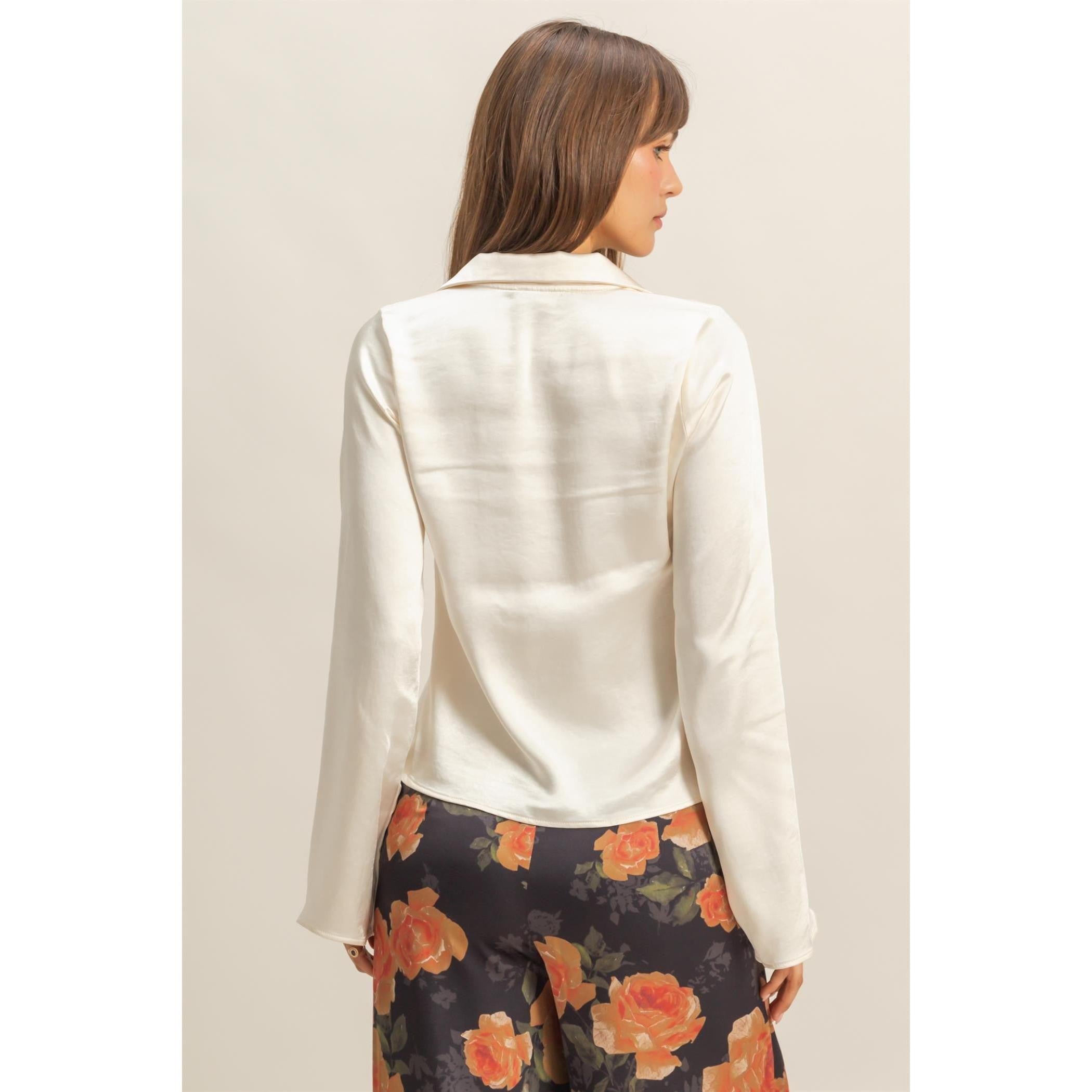 Satin Tie-front Blouse || Cream