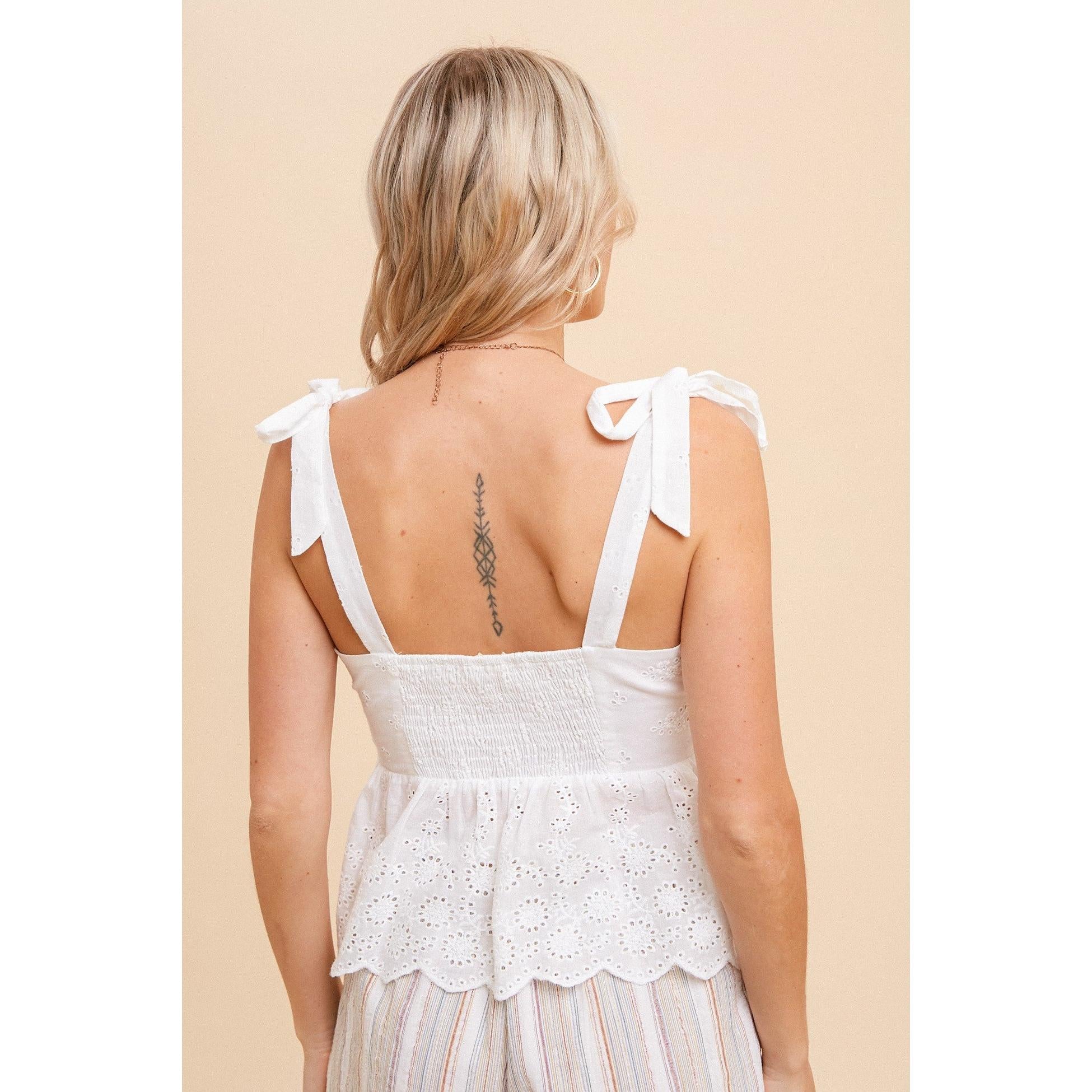 Eyelet Scalloped Hem Tie Shoulder Tank || White