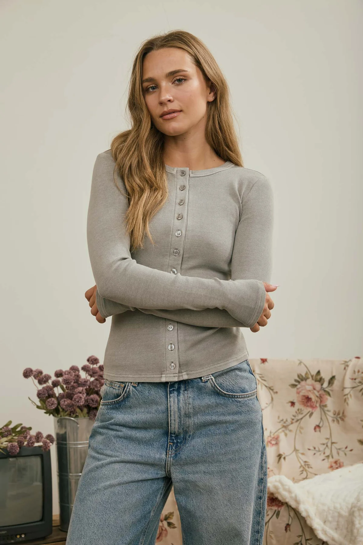 Button Front Long Sleeve Knit Top