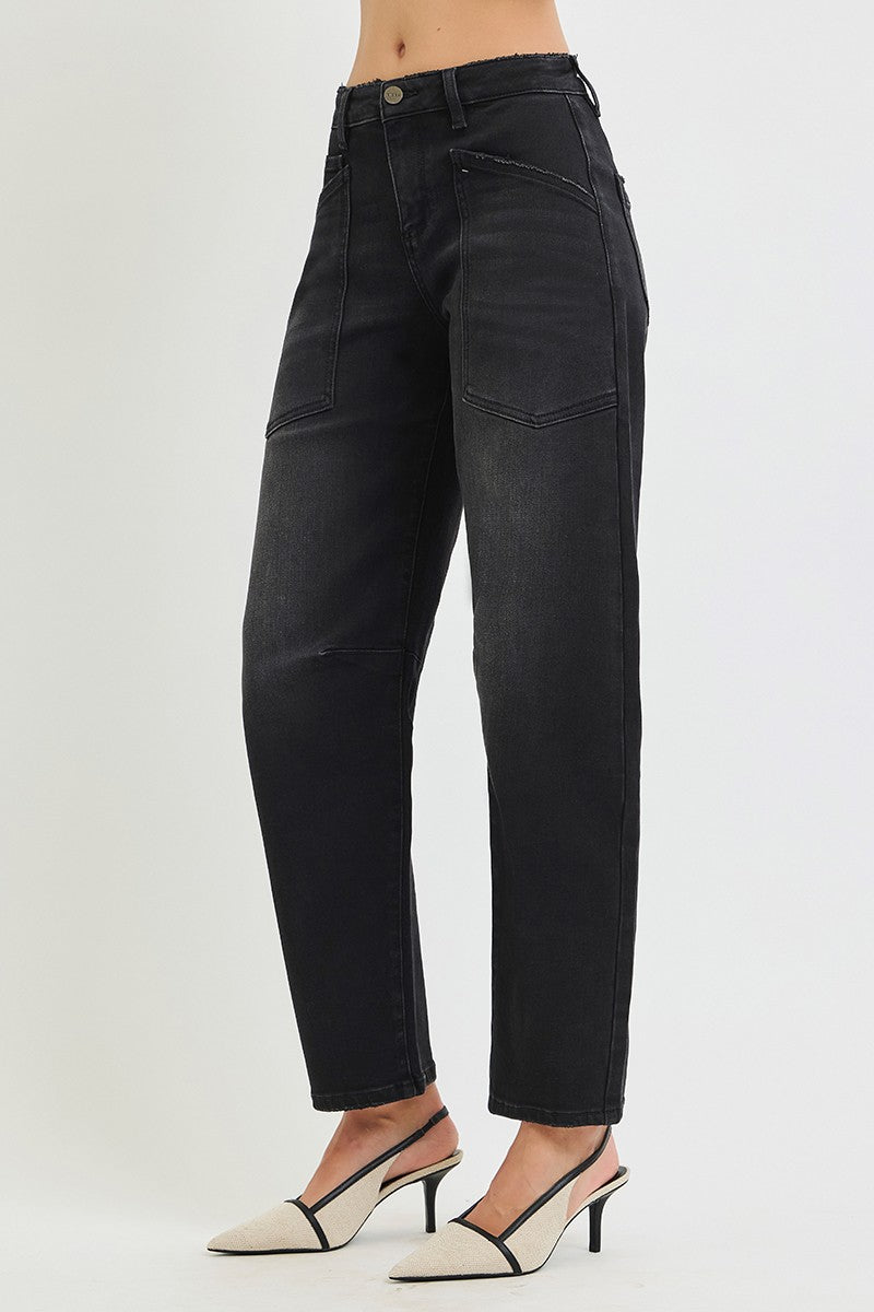 Risen Mid Rise Barrel Patch Pocket Jeans || Washed Black
