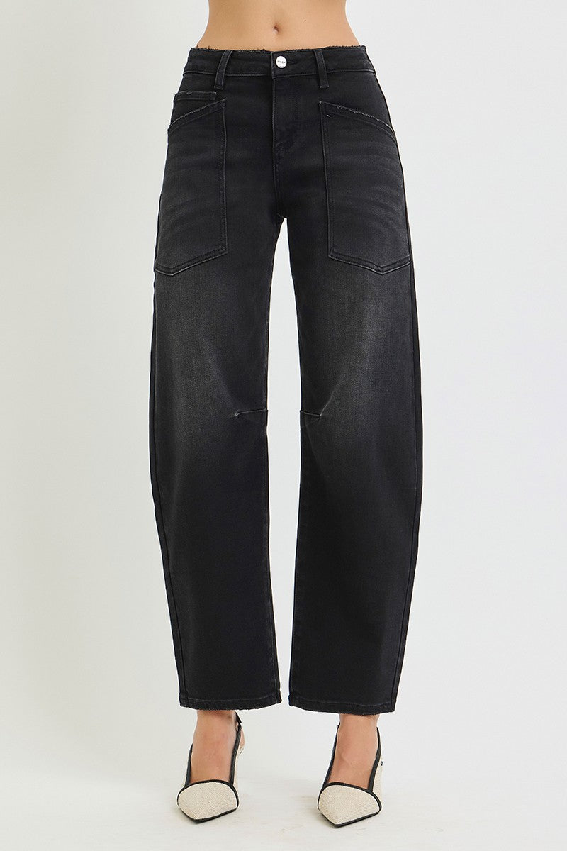 Risen Mid Rise Barrel Patch Pocket Jeans || Washed Black