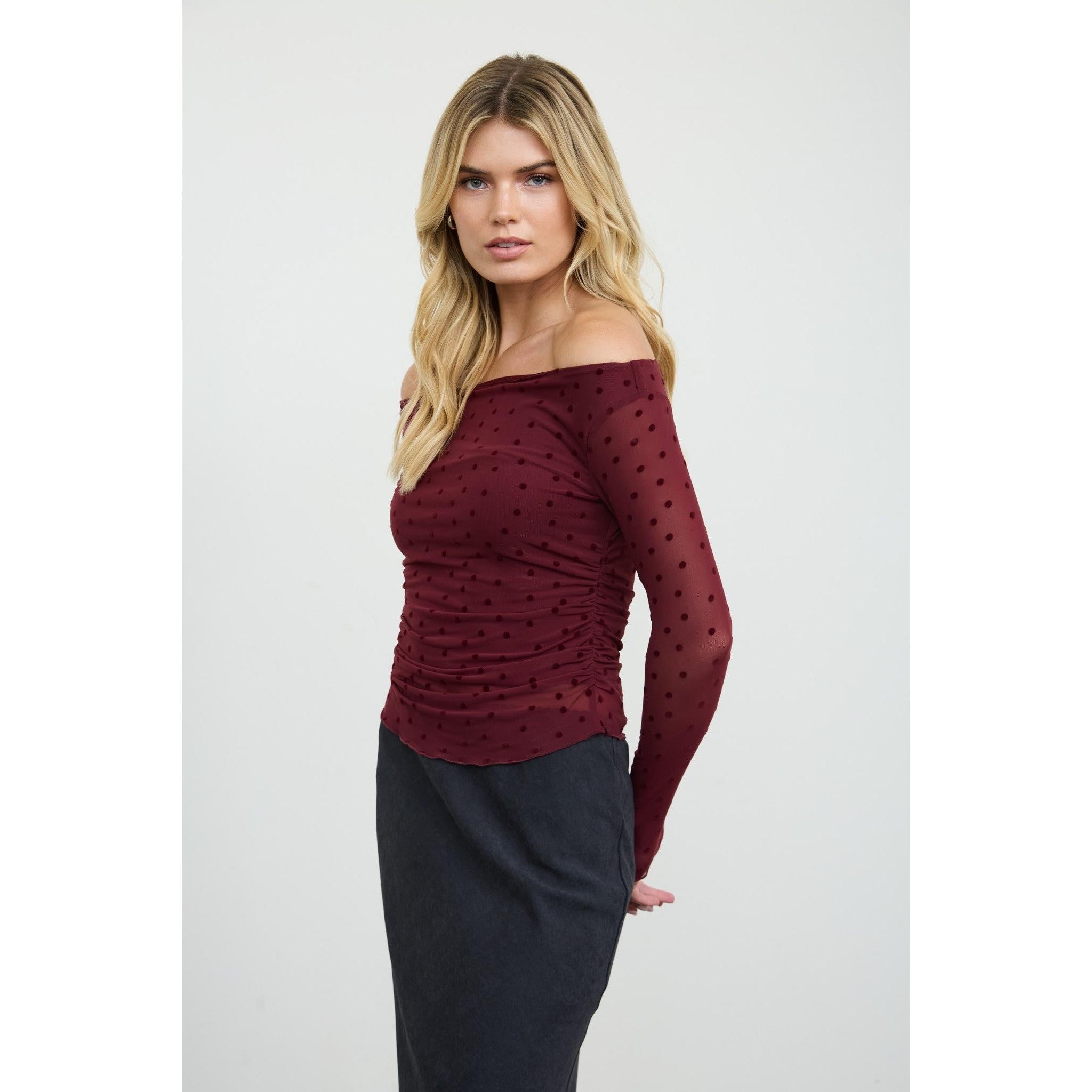 Polka Dot Mesh Off-shoulder Top