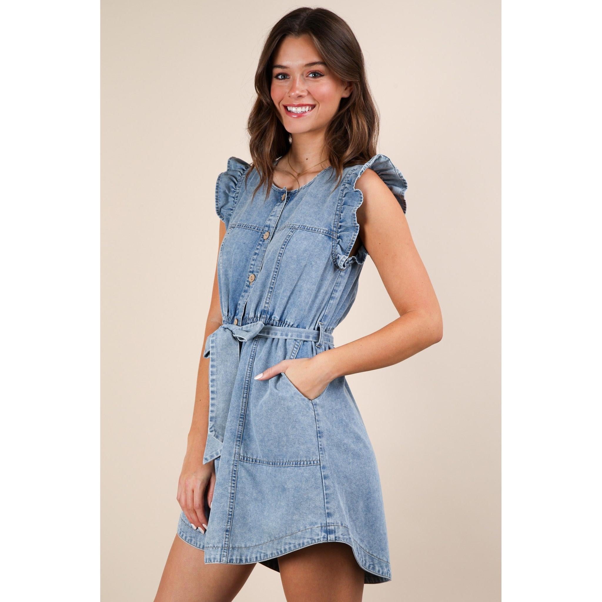 Washed Chambray Ruffle Detail Mini Dress || Indigo