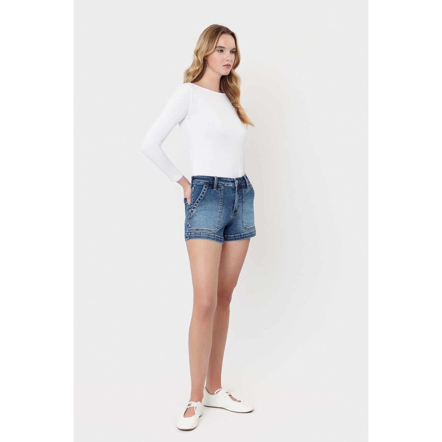 Vervet High Rise Patch Pocket Denim Shorts || Ocean