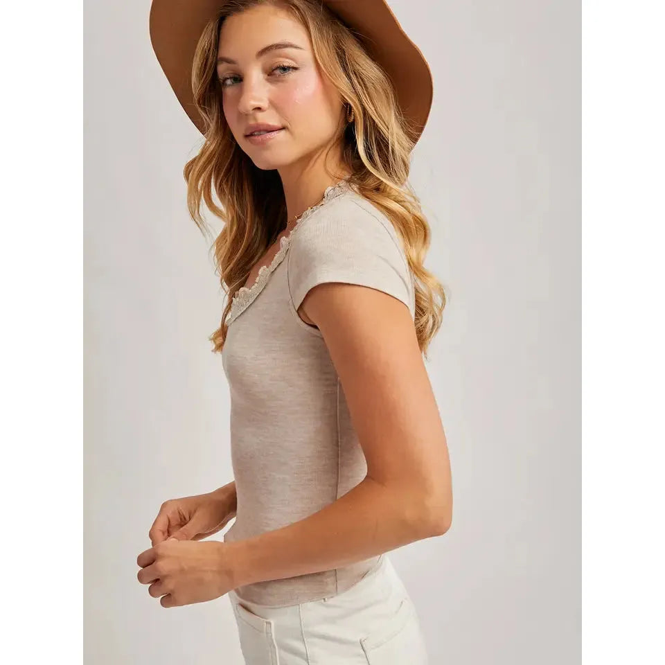 Lace Trimmed Knit Top || Oatmeal