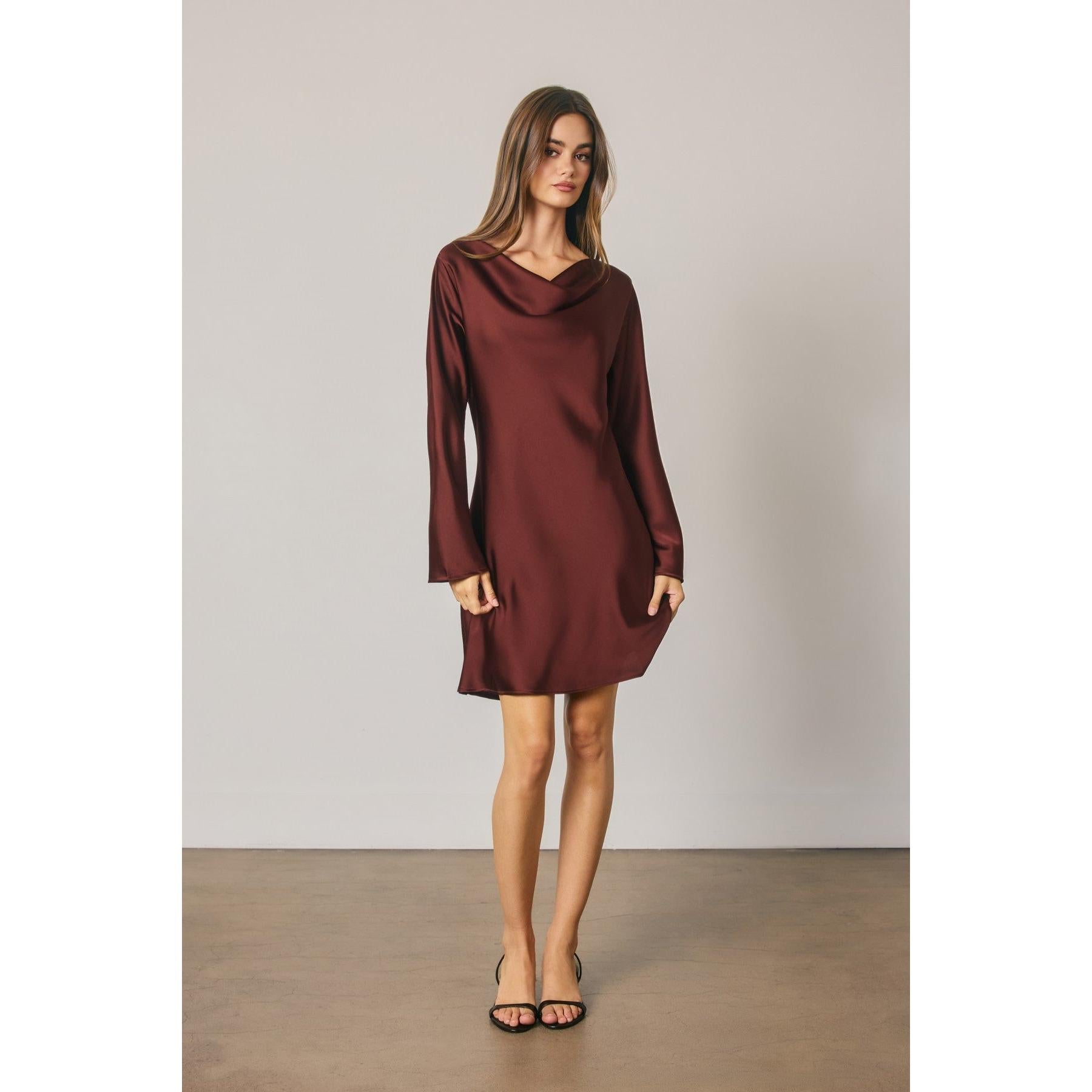 Long sleeve cowl neck satin burgundy dress