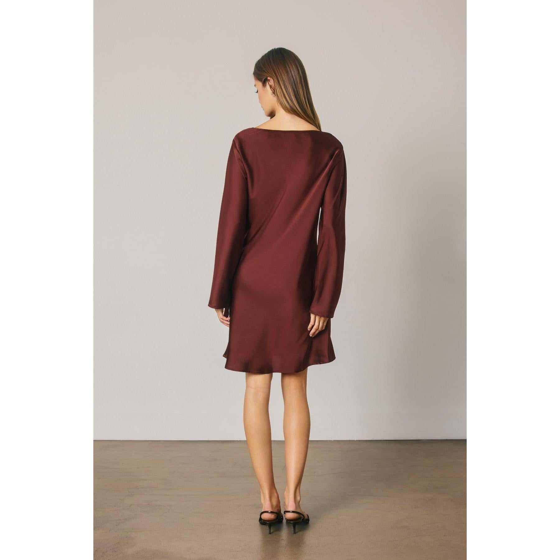 Satin Boat Neck Dress || Wine