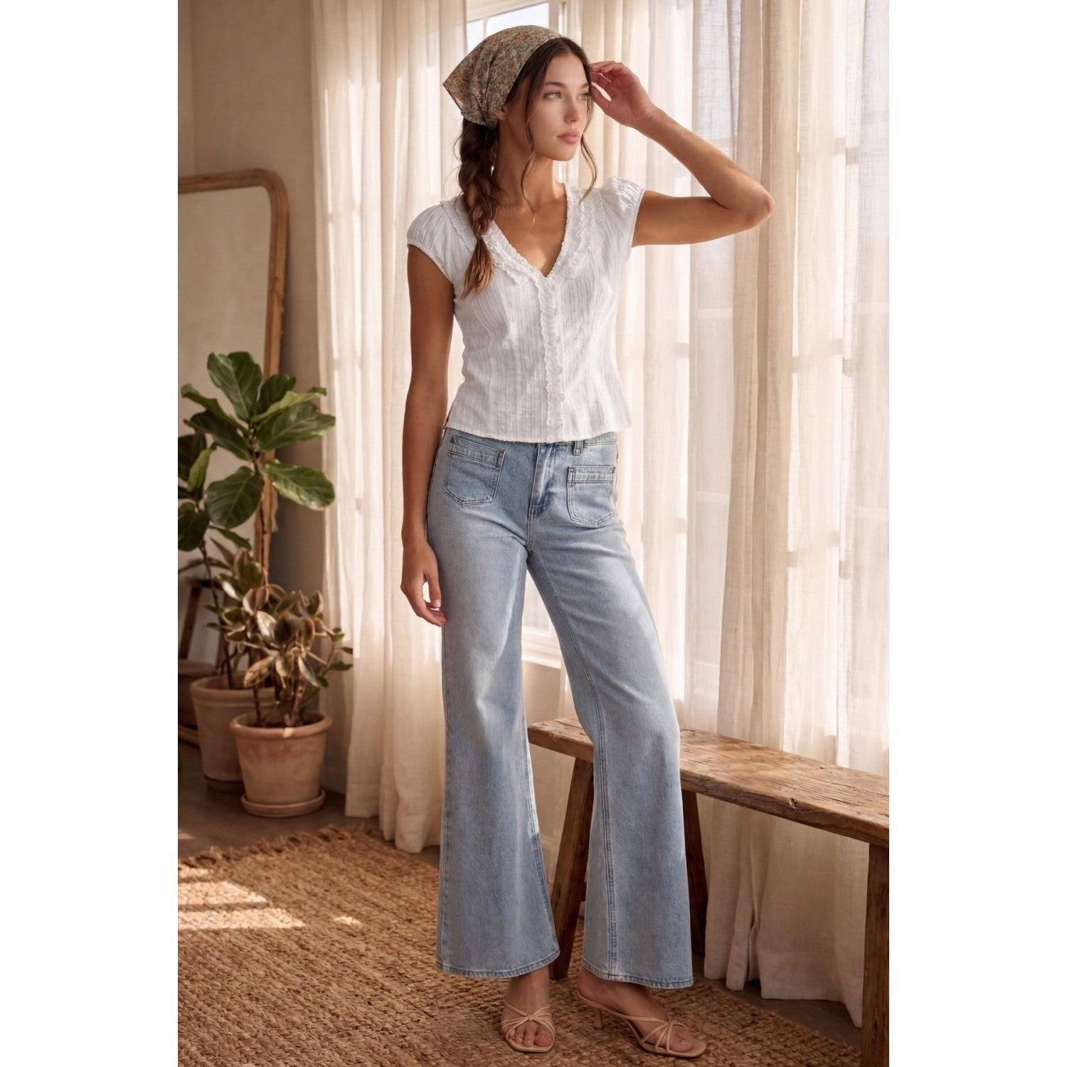 Ruffle Trim V Neck Top || White