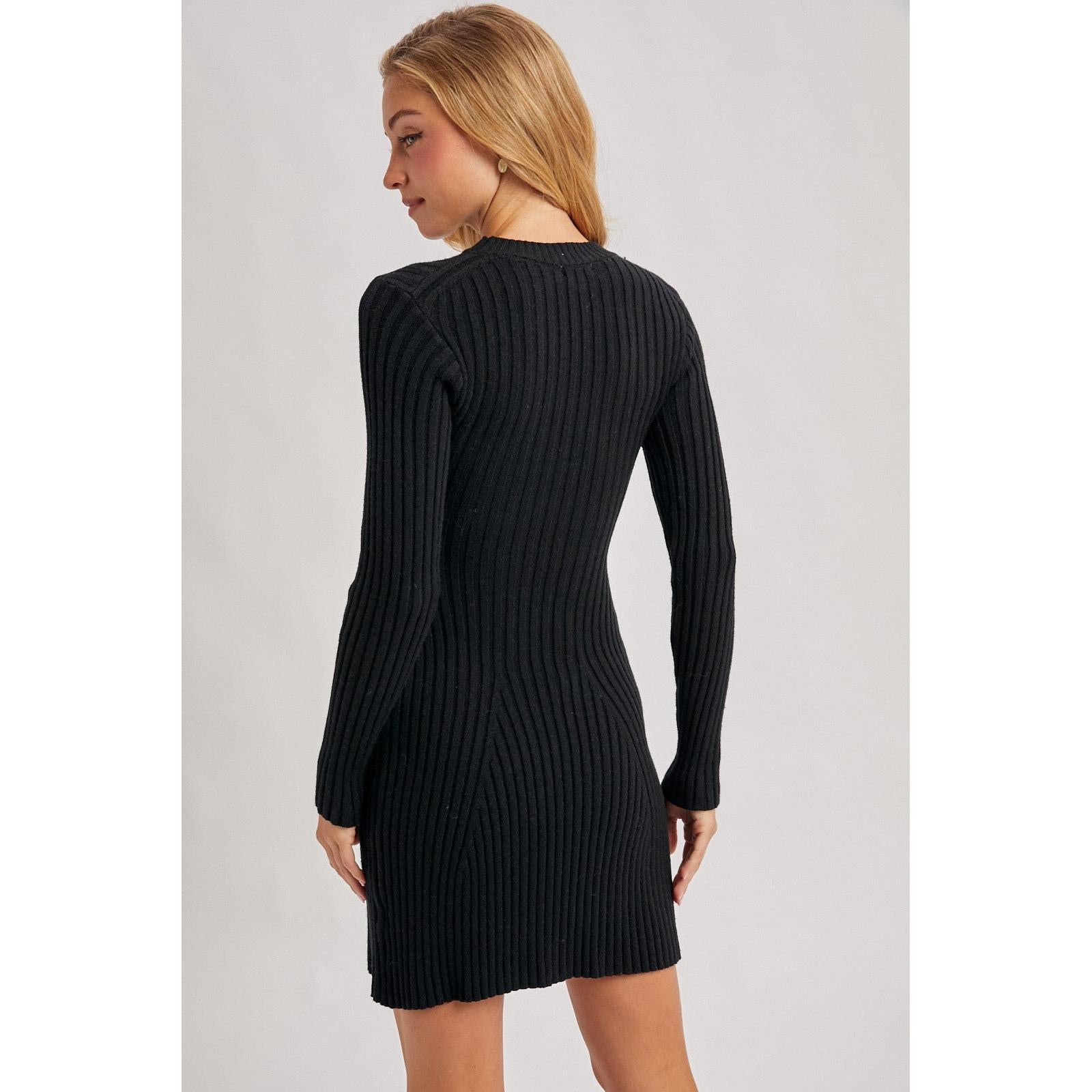 Ribbed Knit Long Sleeve Sweater Dress || Black