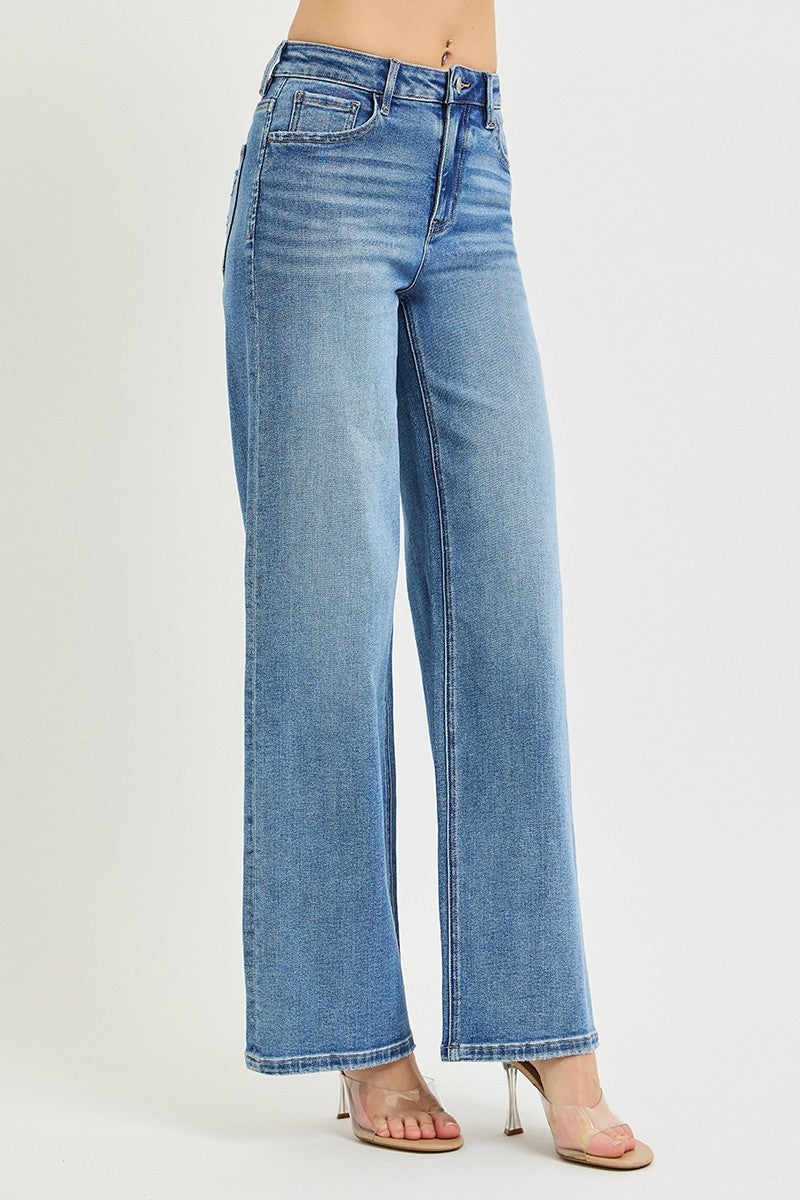 Risen High Rise Wide Leg Jeans || Medium Wash