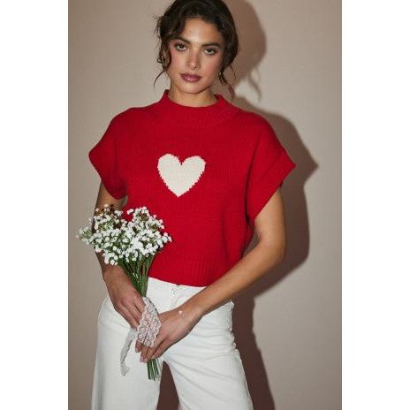 Red Mock Neck Jacquard Heart Sweater with white heart