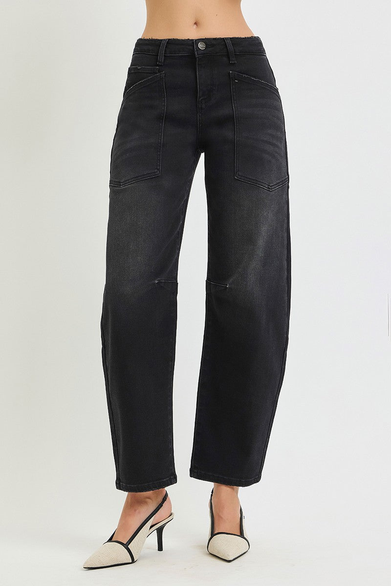 Risen Mid Rise Barrel Patch Pocket Jeans || Washed Black