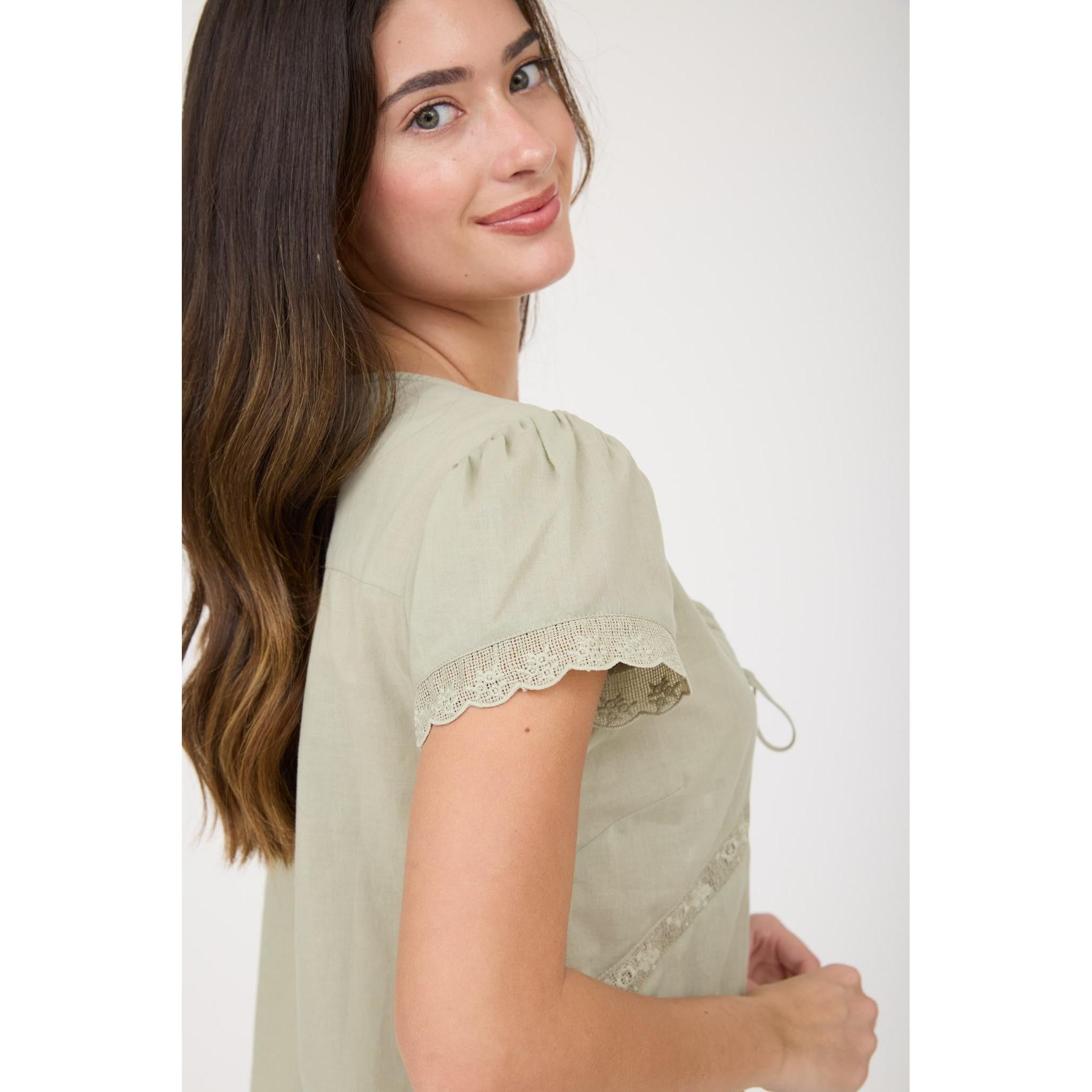 Embroidered Front Tie Lace Trim Top || Sage