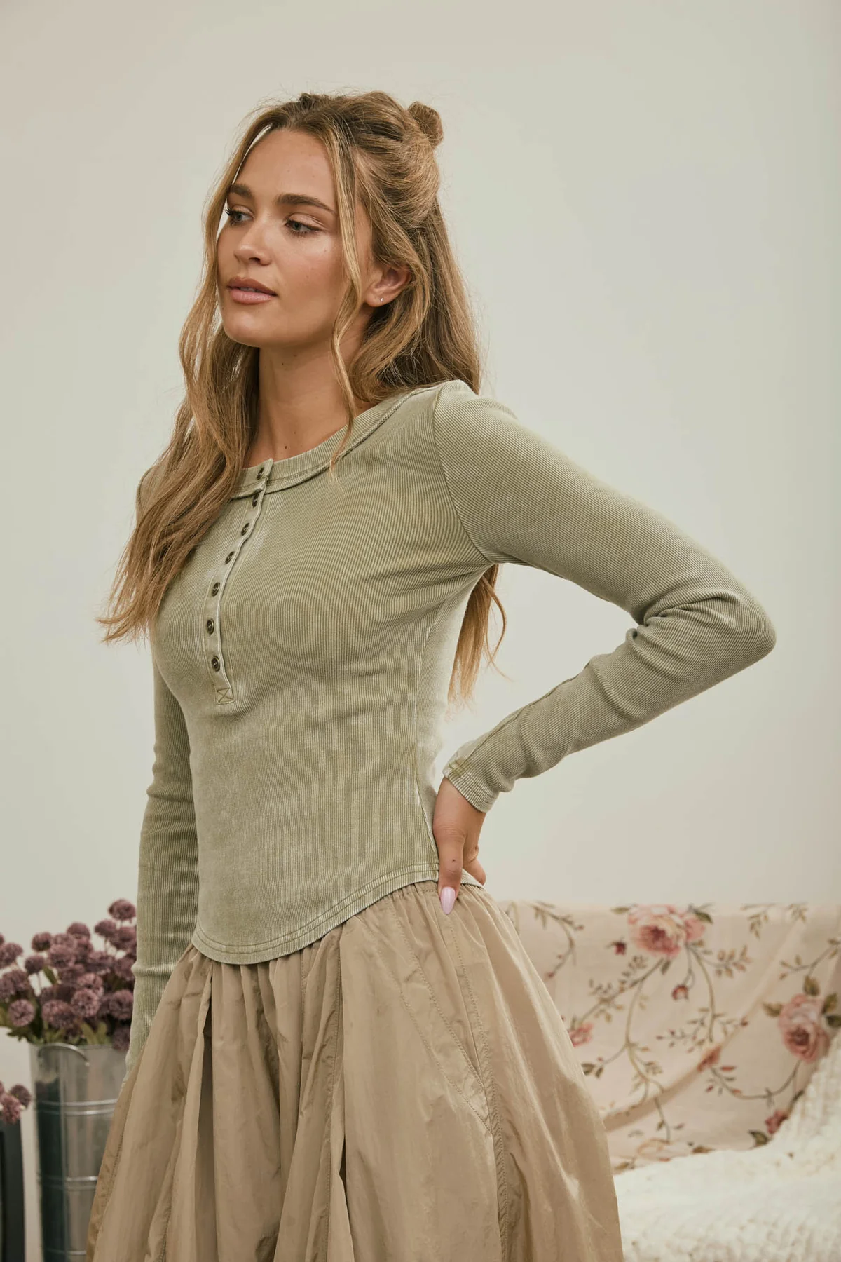 Washed Long Sleeve Ribbed Henley