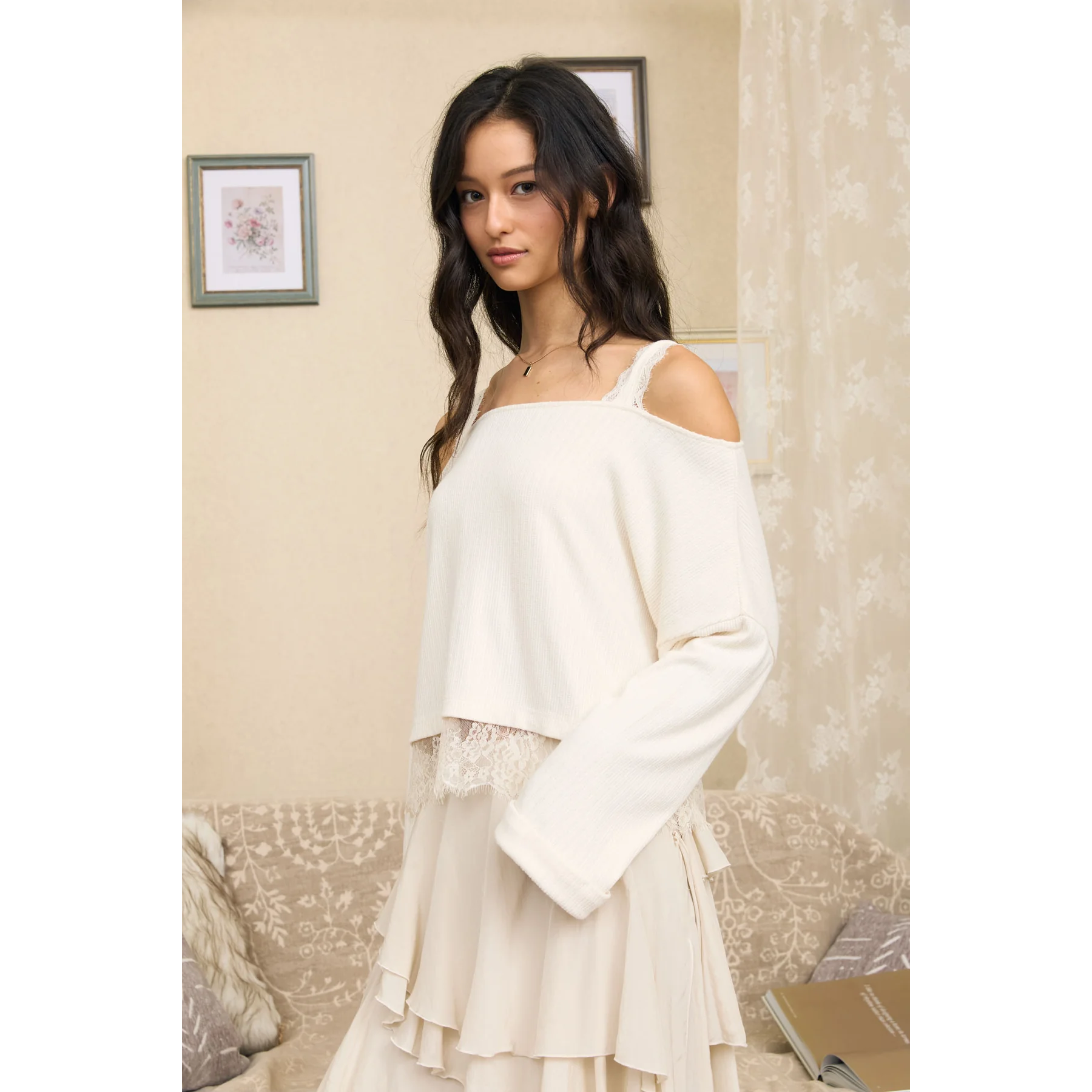 Off-shoulder Lace Strap Top || Cream