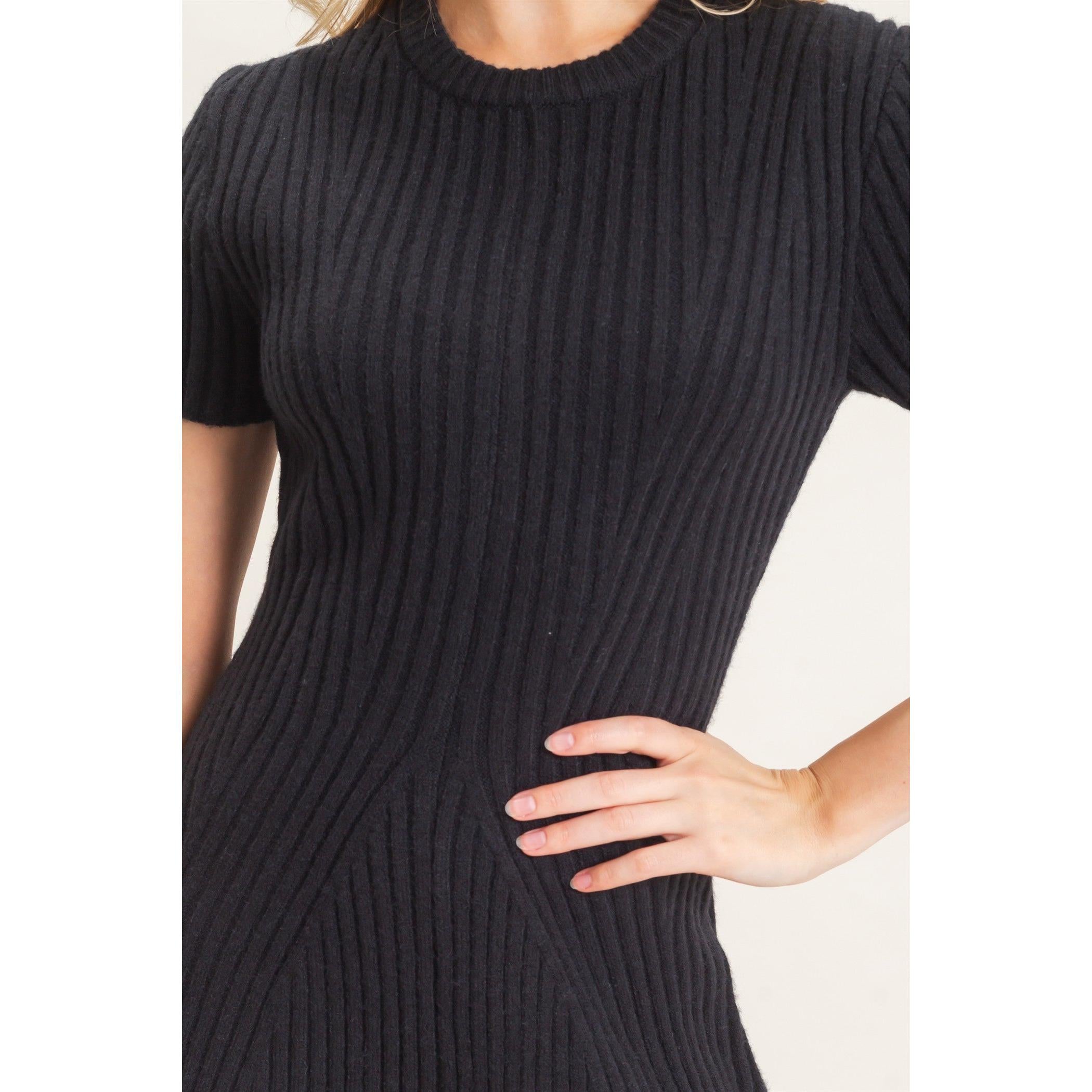 Ribbed Crew Neck Sweater Dress || Black