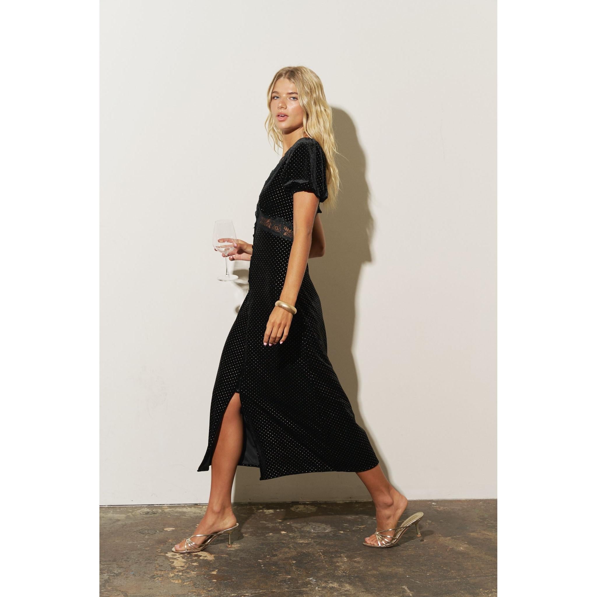 Polka Dot Velvet Lace Trim Puff Sleeve Midi Dress || Black/Gold