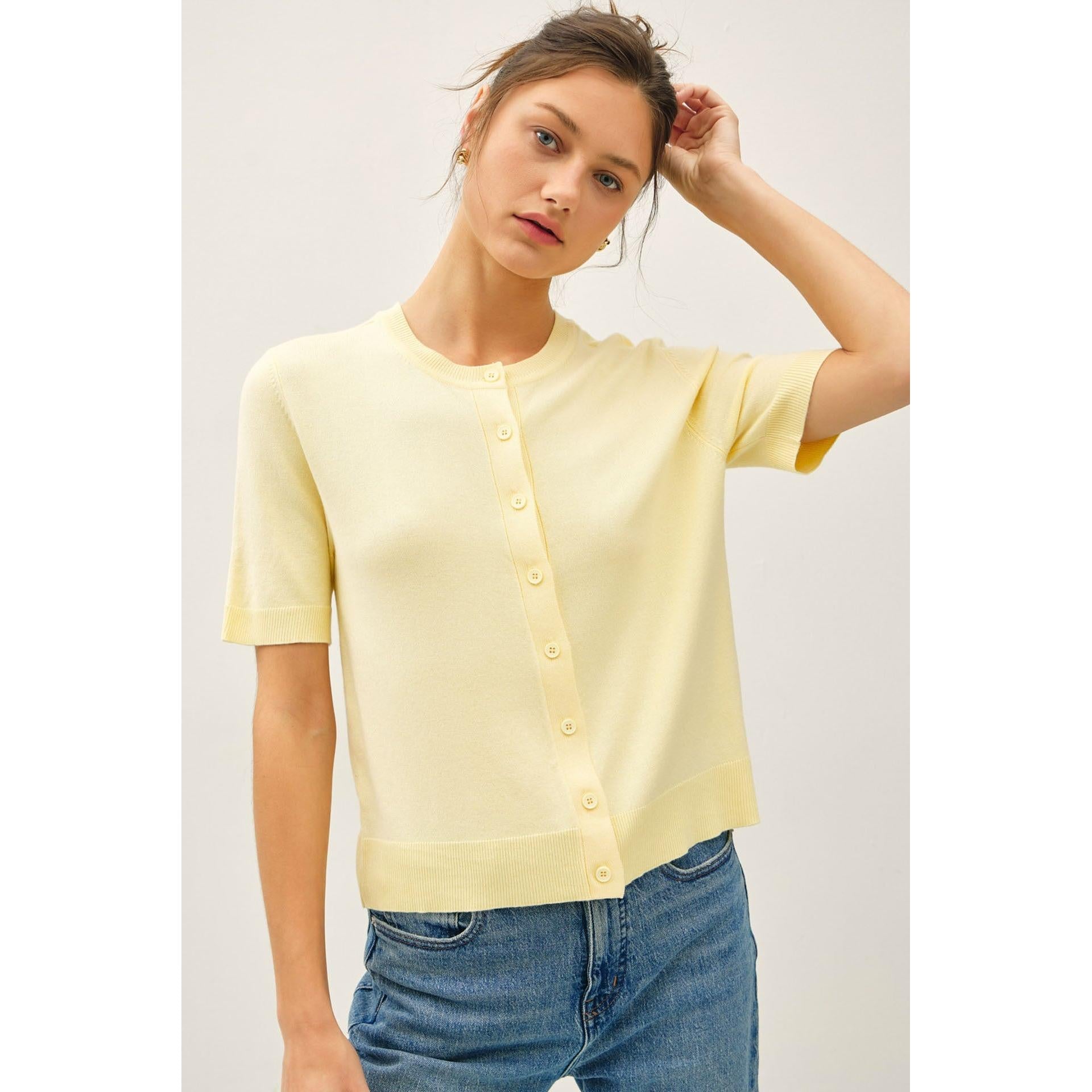 butter yellow short sleeve cardigan