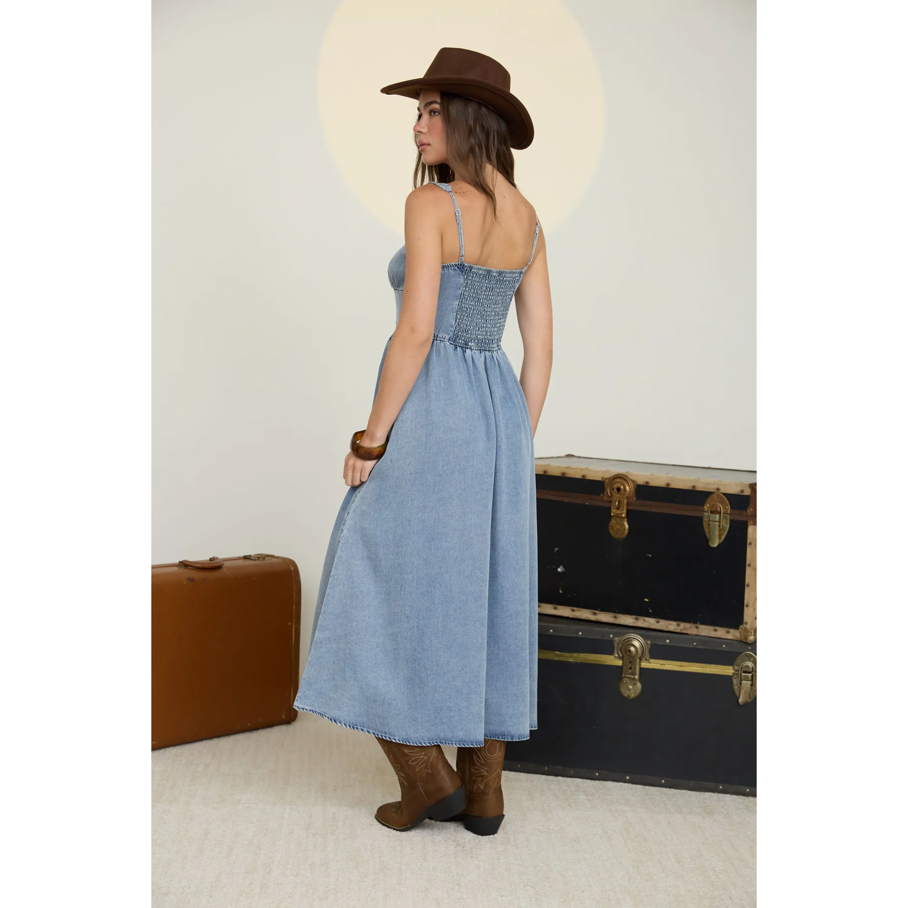 Washed Denim Corset Midi Dress || Chambray