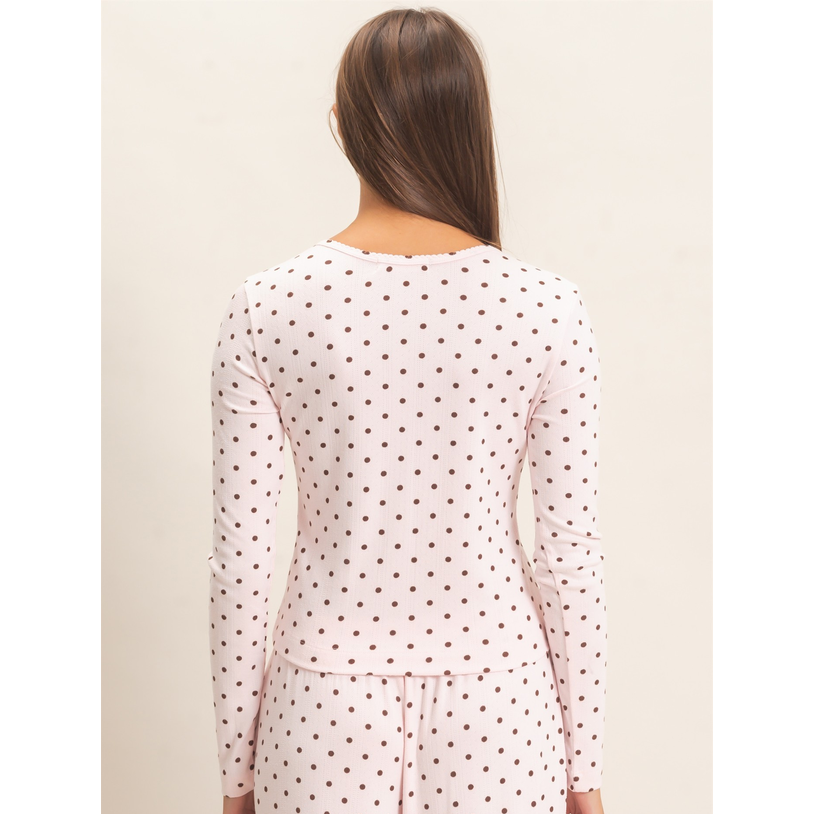 Polka Dot Button Front Long Sleeve Top